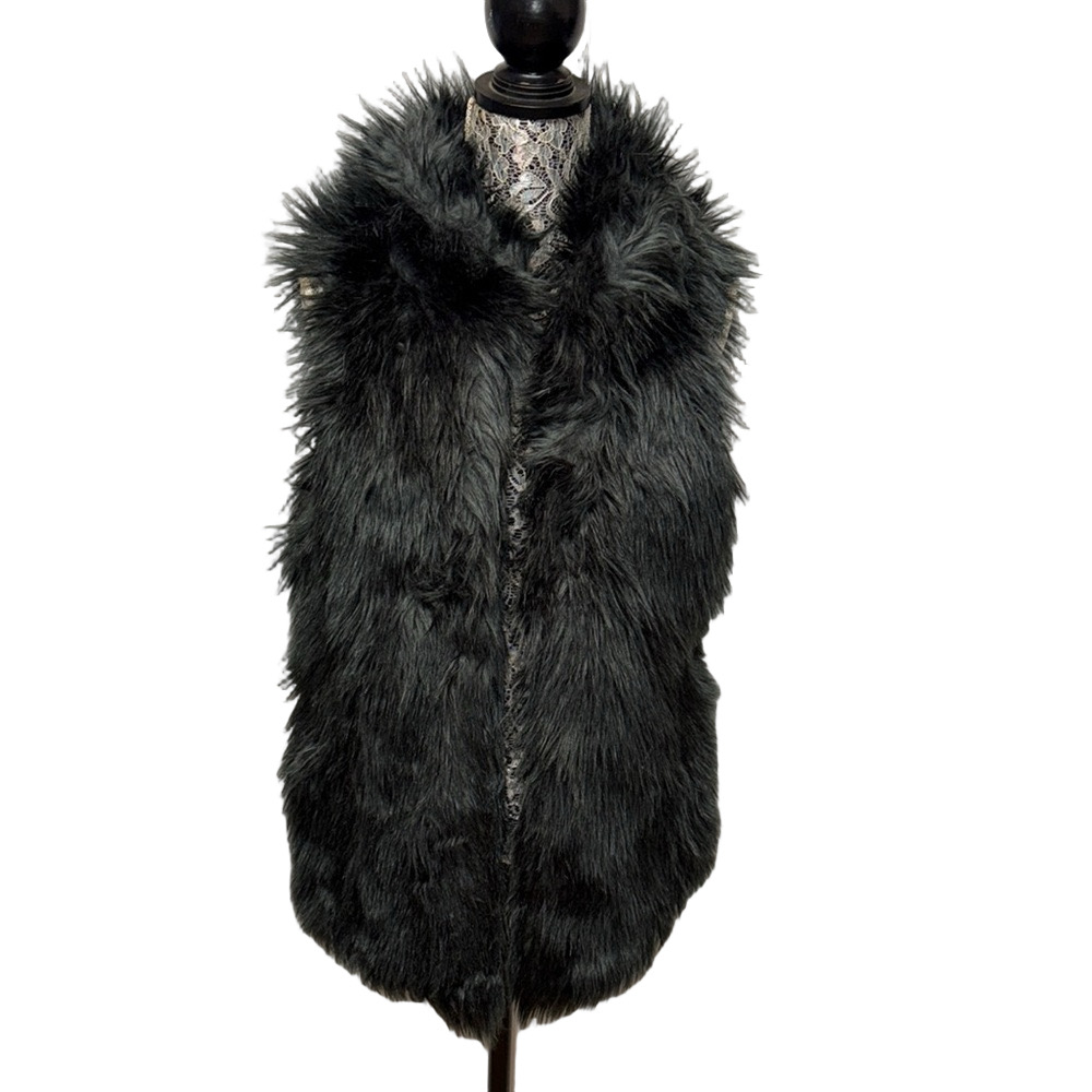 LOFT Women’s XS/S Black Shaggy Faux Fur Hook Front Long Layering Vest Cozy